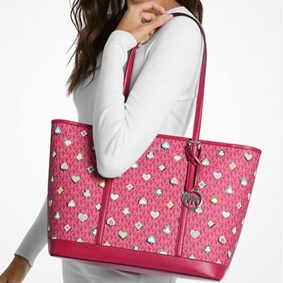 New Michael Kors Jet Set Large Printed Signature Logo Tote Bag Dark Raspberry - Picture 5 of 5